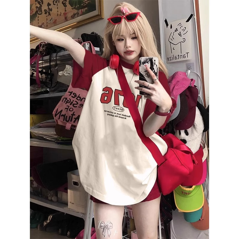 夏日多巴胺穿搭設計感小眾oversize寬鬆上衣插肩短袖t恤女