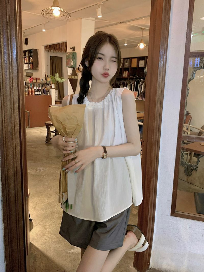 夏季女裝純色寬鬆顯瘦系帶無袖吊帶背心甜美上衣女