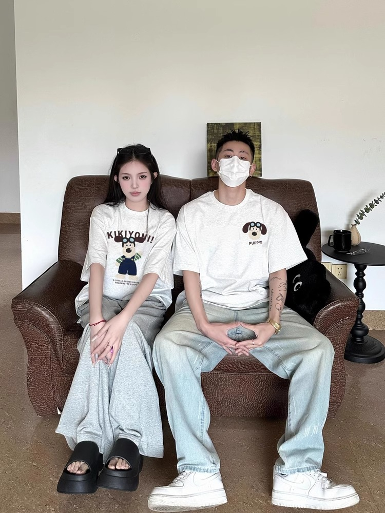 roora情侶裝t恤夏季套裝2024新款特別的網紅獨特高級感純棉短袖男