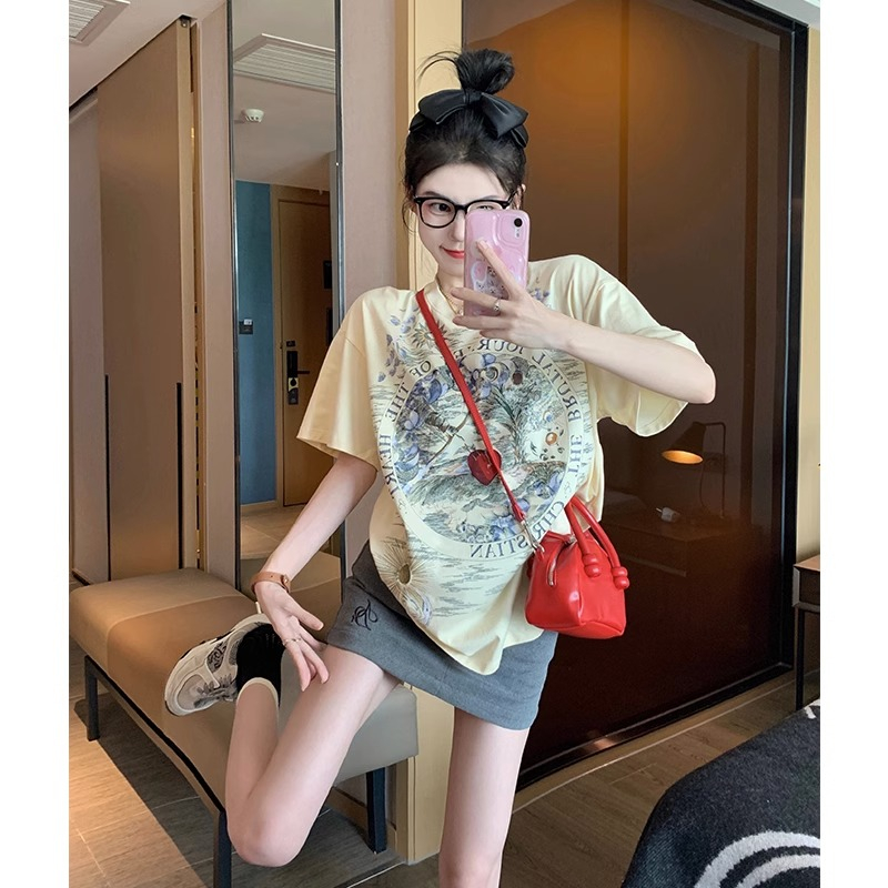 設計感復古印花圓領短袖t恤女夏2024新款休閒小個子百搭顯瘦上衣