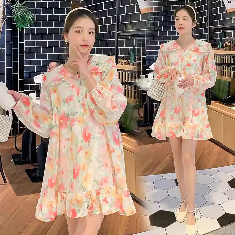 春季2024新款甜美設計感小眾減齡百搭碎花寬鬆娃娃領長袖連衣裙女