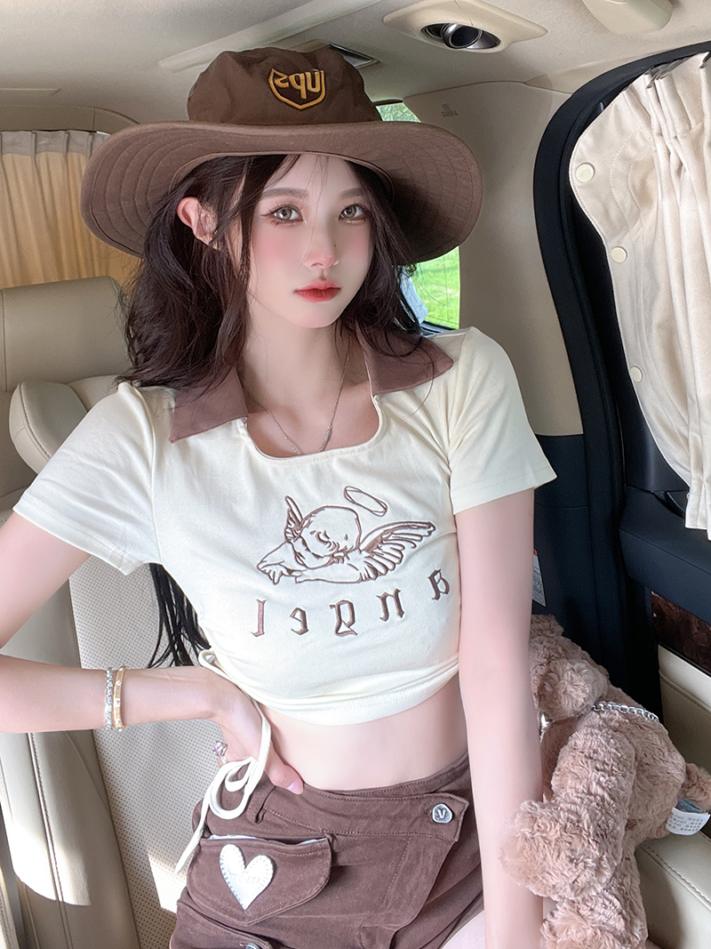 設計感小眾夏季新款T恤女復古系帶POLO領修身短款短袖正肩上衣潮