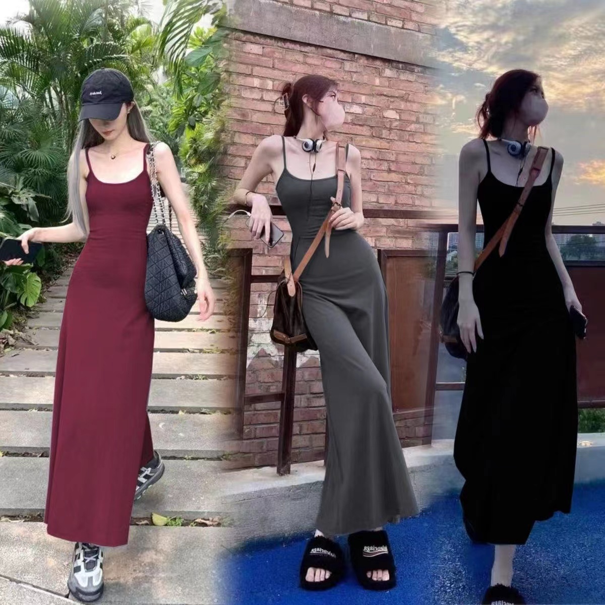 非實拍 純欲性感顯身材辣妹吊帶連衣裙女夏內搭顯瘦彈力長裙
