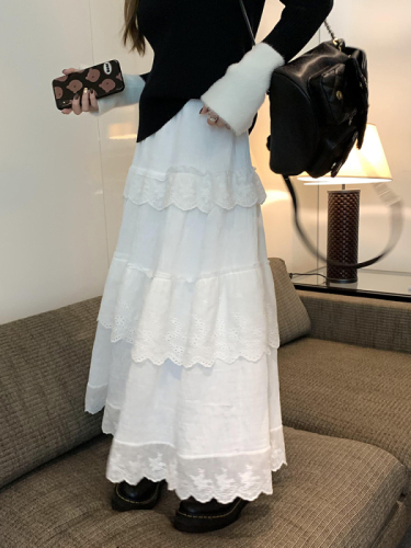 White Lace Cake Dress for Women, Elastic High-Waist Hip-Hiding Slimming Loose and Versatile Medium-Length Skirt - Korean Version
