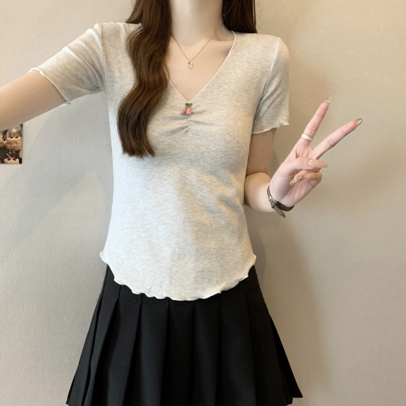 實拍40支純棉 2024夏裝V領打底衫女荷葉邊短袖T恤女純色簡約上衣