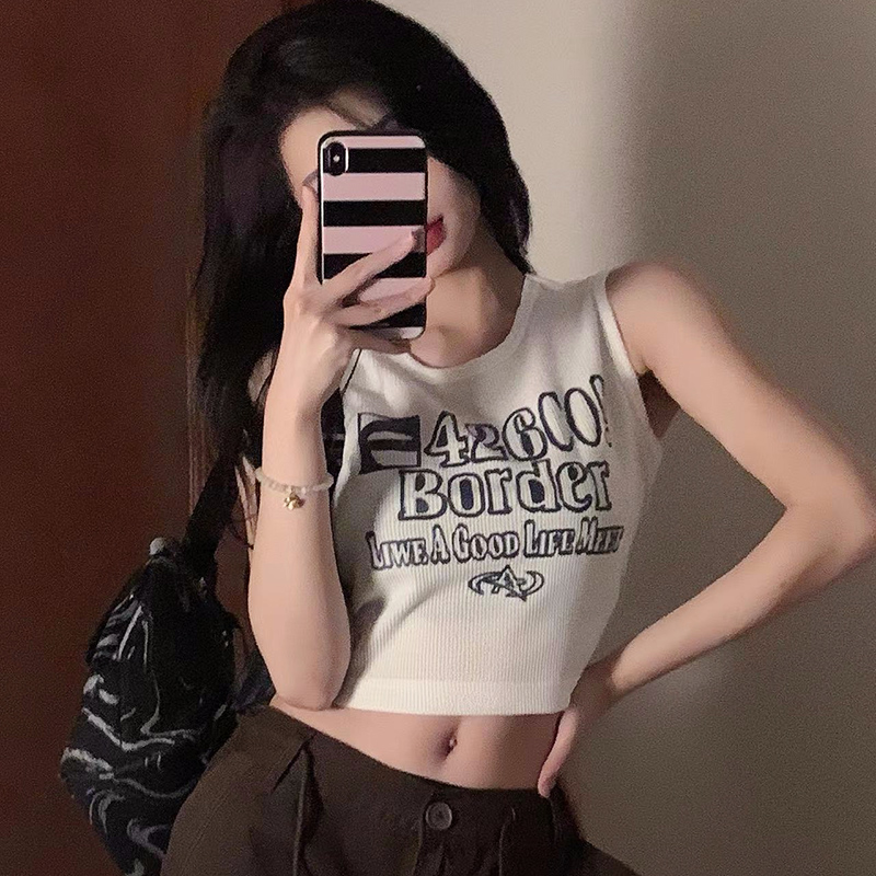 美式高街復古休閒無袖背心短款露臍修身顯瘦上衣夏高腰純欲氣質衫