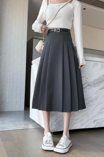 实拍 2024韩版高腰遮胯显瘦中长款大摆灰色西装百褶半身裙 配腰带