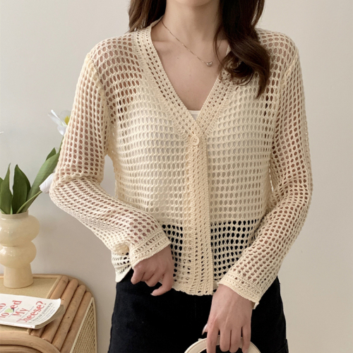 Real shot of hollow design ice silk outer thin sun protection jacket for women Korean style summer lazy knitted cardigan top