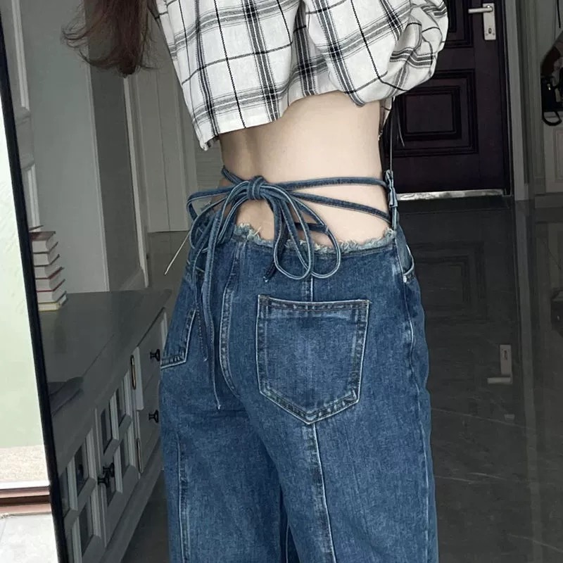 歐美式高低腰直筒牛仔褲女春秋新款辣妹系帶設計感小眾百搭闊腿褲