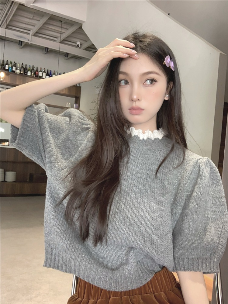 蕾絲邊半高領針織衫女設計感小眾早春泡泡袖純欲上衣內搭短袖毛…