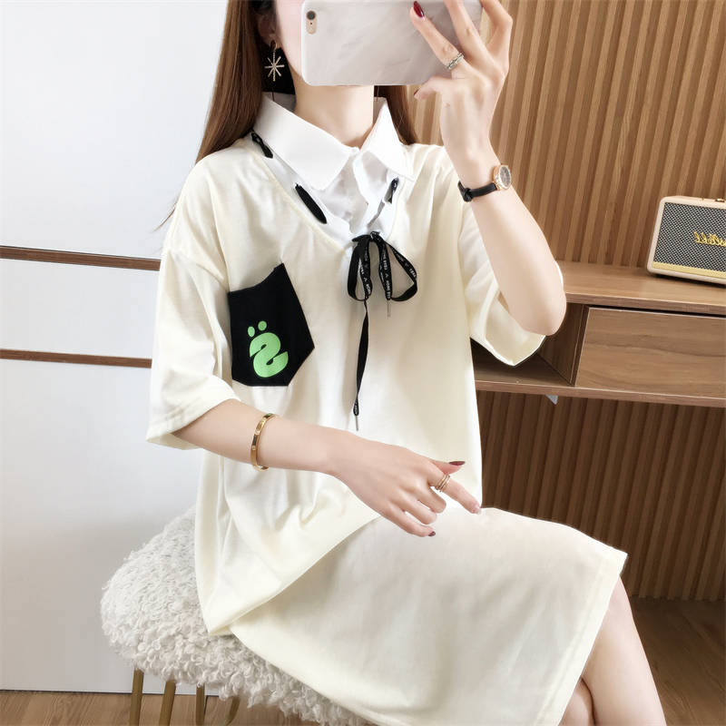 實拍棉感珠地夏季新款時尚休閒薄款連衣裙女韓版寬鬆上衣