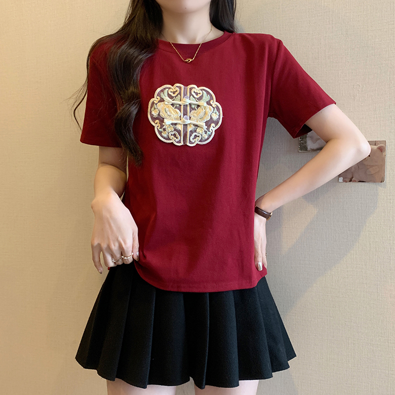 實拍2024夏裝新款胖mm大碼刺繡新中式短袖T恤女顯瘦百搭國風上衣
