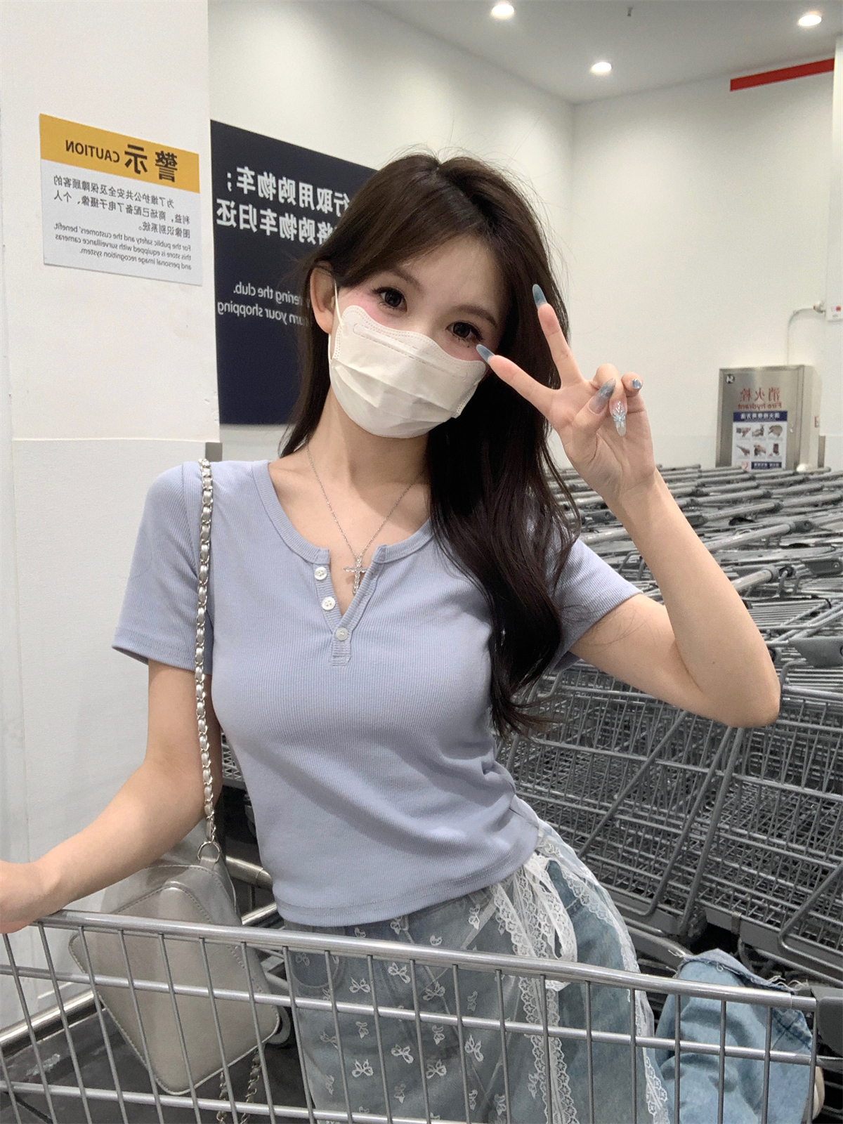 Real shot Summer Korean style bm pure desire button design pure cotton simple versatile top short-sleeved T-shirt for women