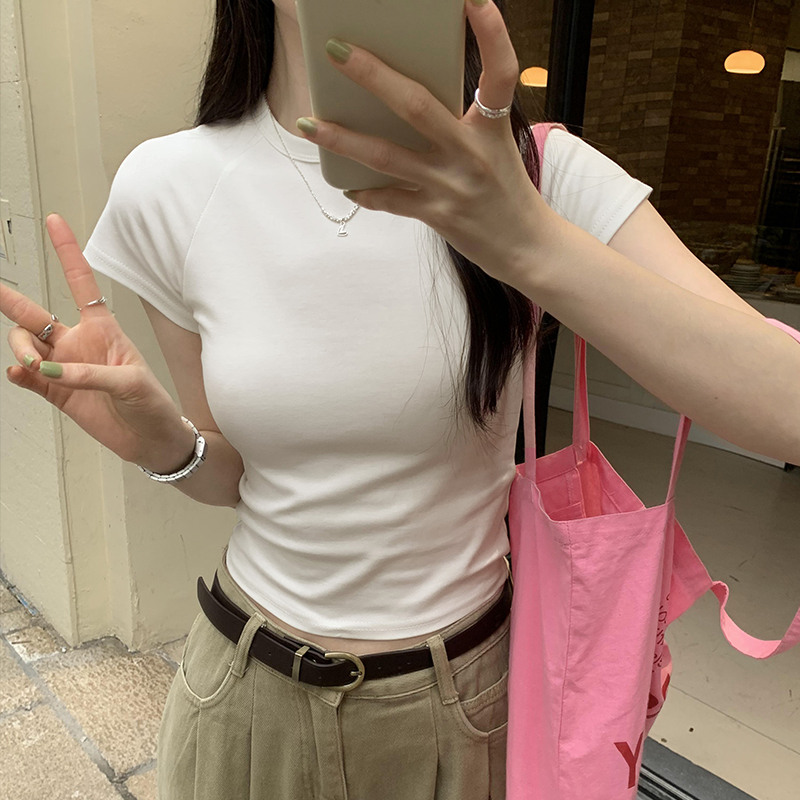 實拍圖基礎款小個子百搭短款T恤女2024夏新款歐貨小衫插肩袖上衣