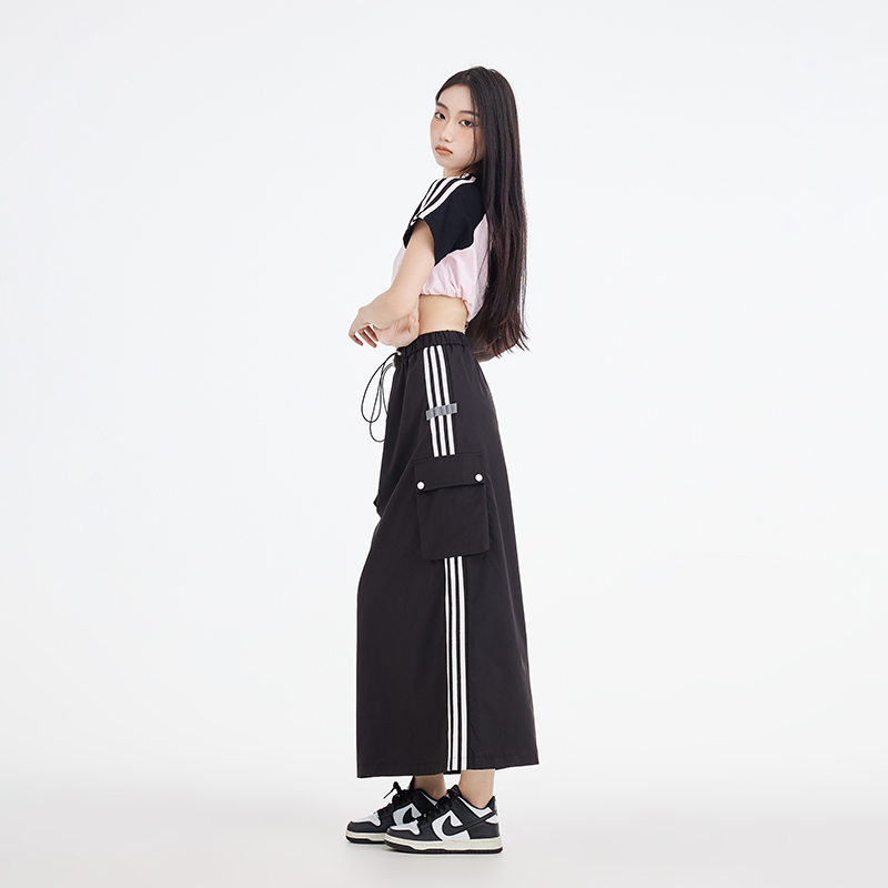 實拍2024春夏美式三條槓抽繩工裝半身長裙速干a字長裙子女