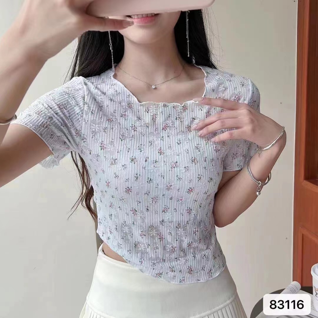 2024夏季新款韓版甜美減齡圓領小碎花百搭短袖上衣女