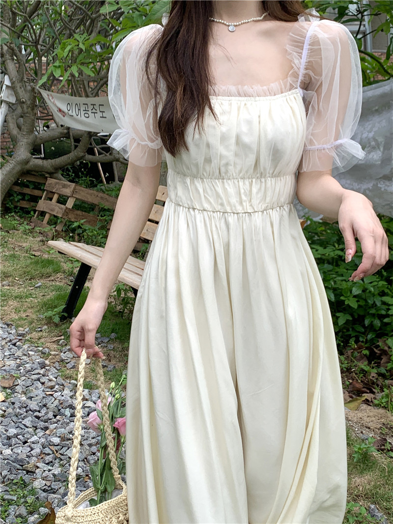 有里布氣質溫柔杏色網紗拼接連衣裙小眾簡約甜美方領少女連衣裙