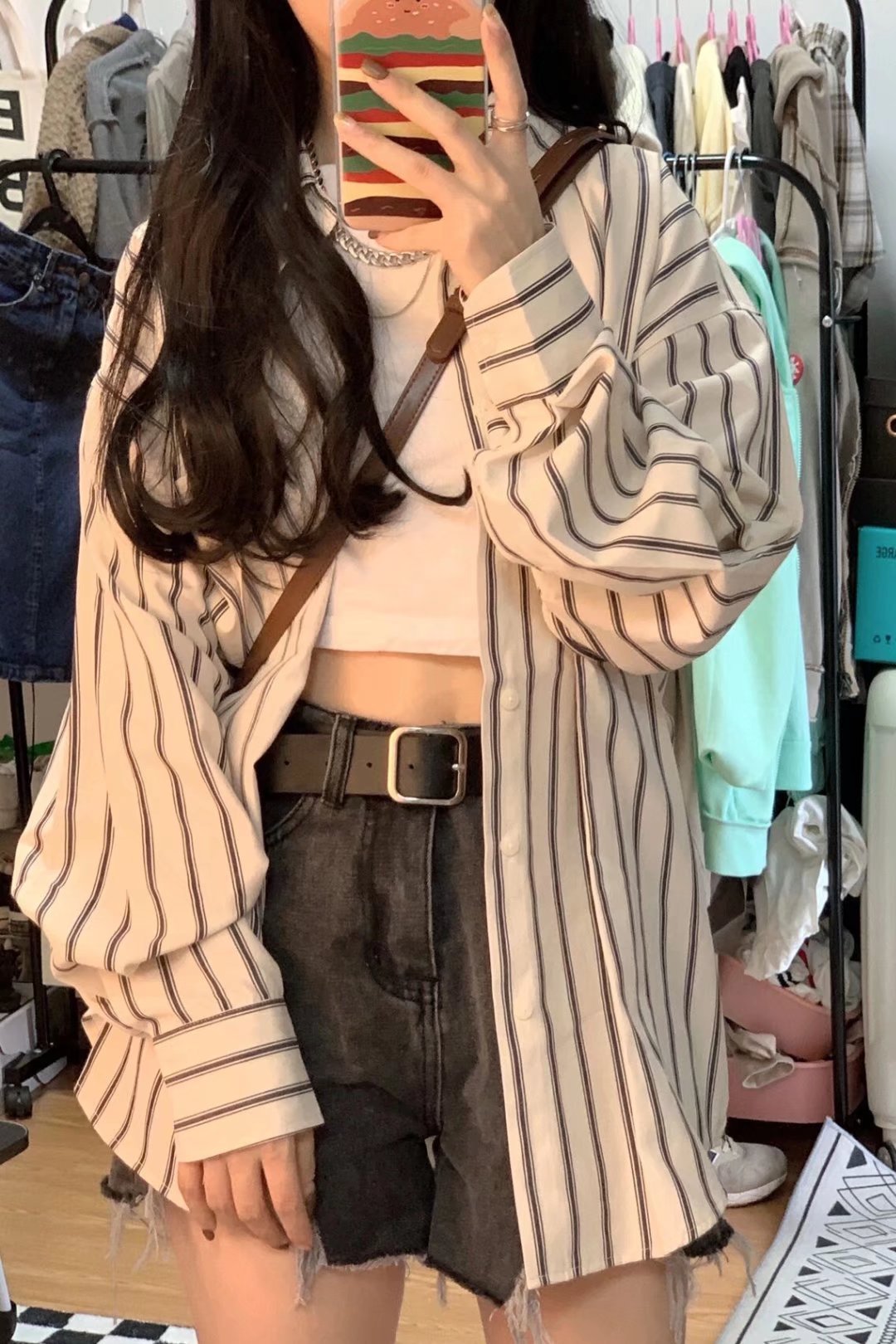 Hong Kong style lazy style loose striped shirt women's design niche outer wear layering shirt