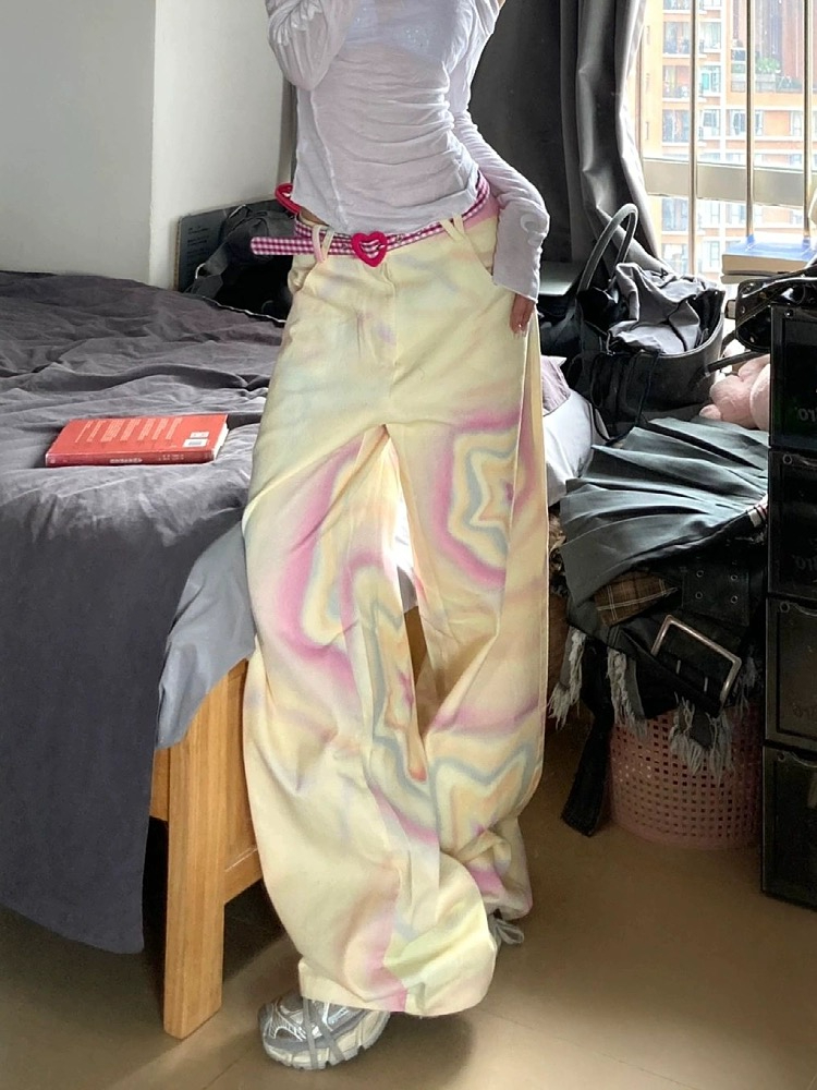 梨形身材美式復古星星渲染塗鴉寬鬆休閒長褲高腰顯瘦闊腿牛仔褲潮