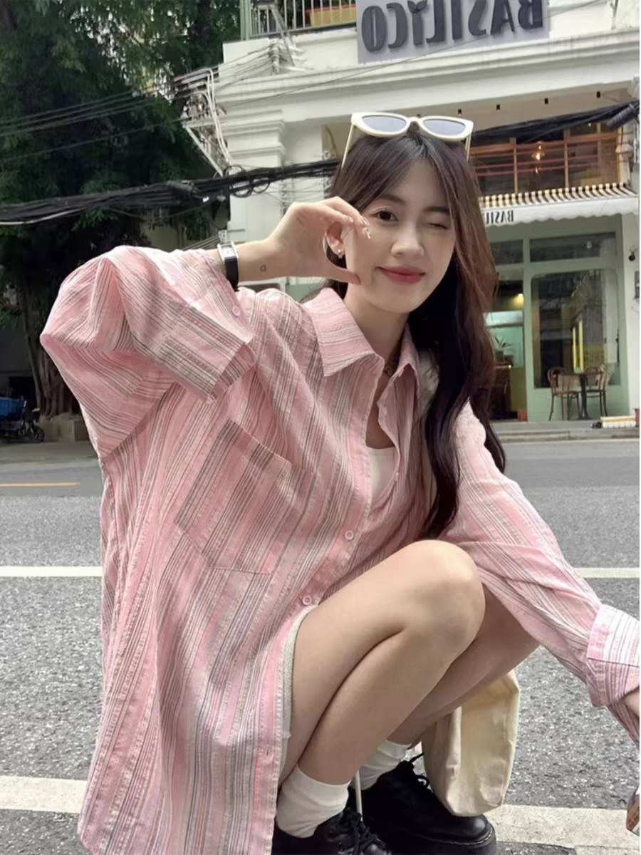 粉色條紋防曬襯衫外套女春夏薄款長袖上衣寬鬆中長款oversize襯衣