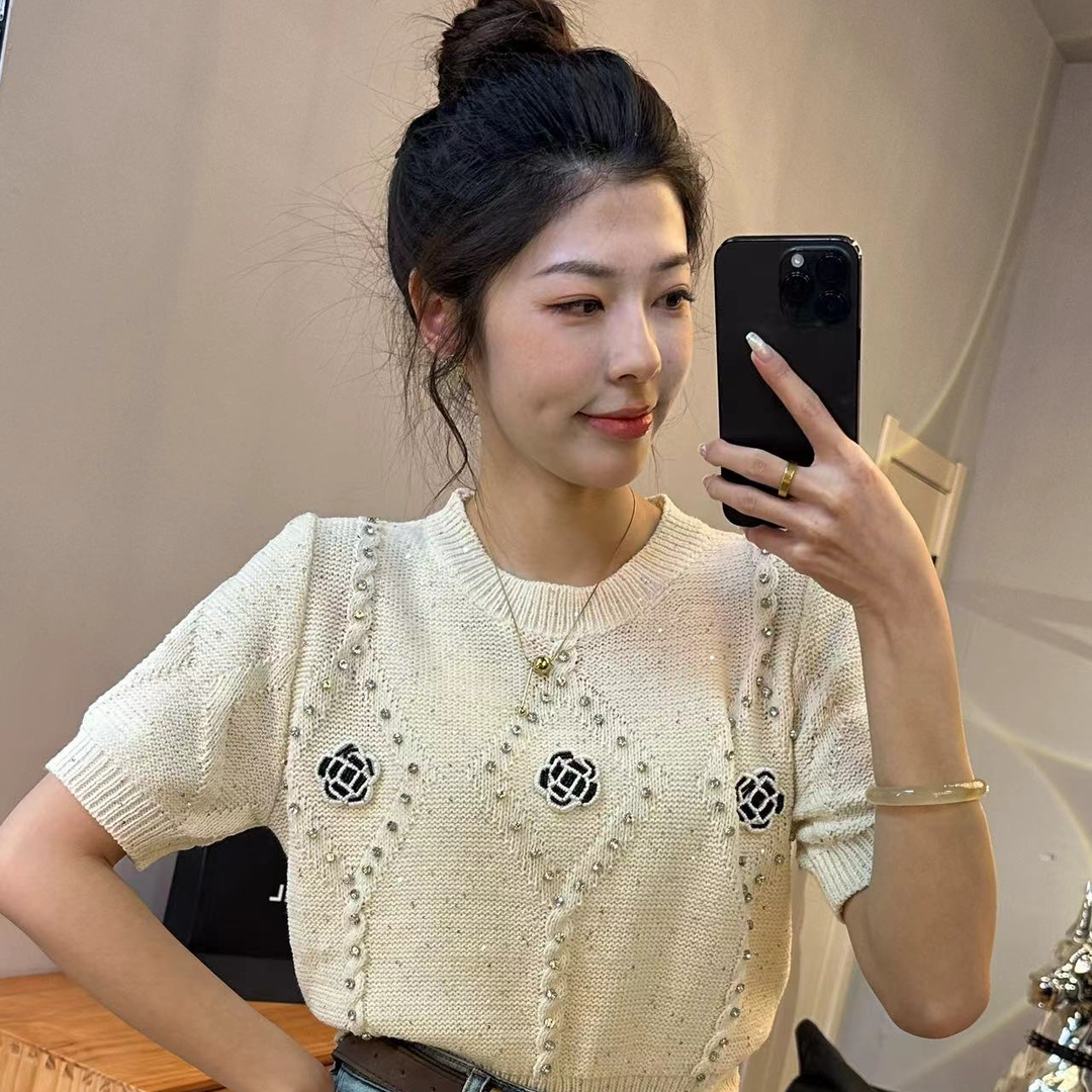 法式小香風山茶花圓領套頭短袖針織衫女春夏甜美釘珠收腰短