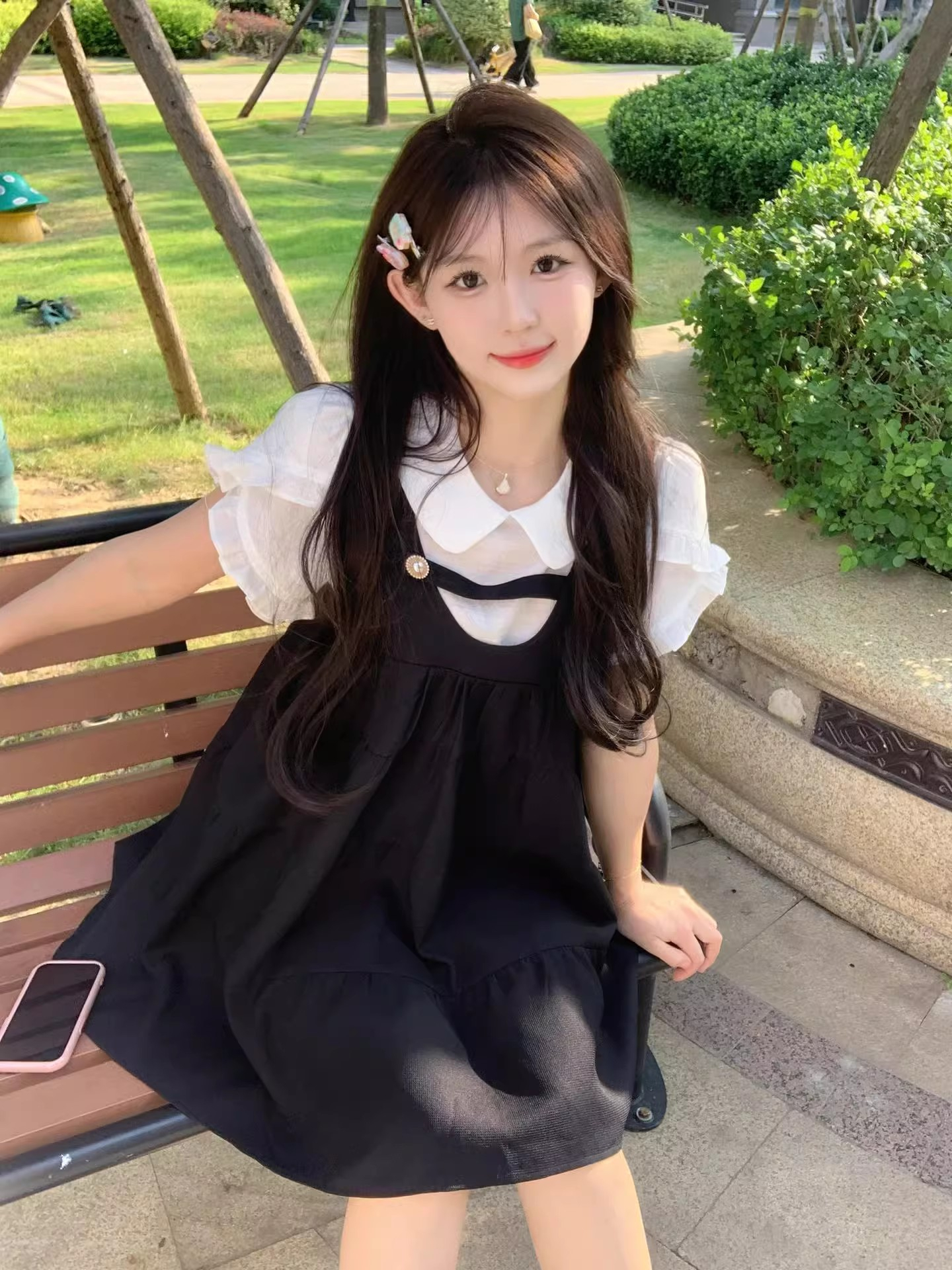 學院風甜美減齡小個子穿搭夏季新款寬鬆假兩件娃娃領黑色連衣裙