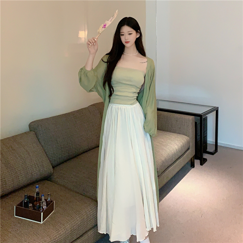 實拍 大碼女裝禪意三件套防曬開衫+百搭抽褶吊帶背心+仙女半身裙