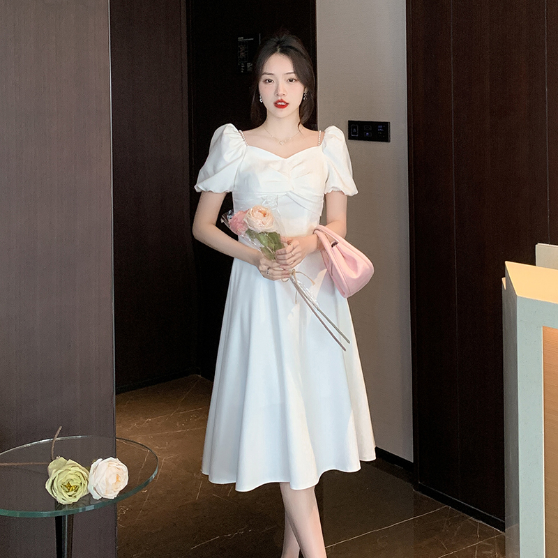 實拍  小晚禮服裙日常輕奢小個子法式訂婚領證登記白裙連衣裙