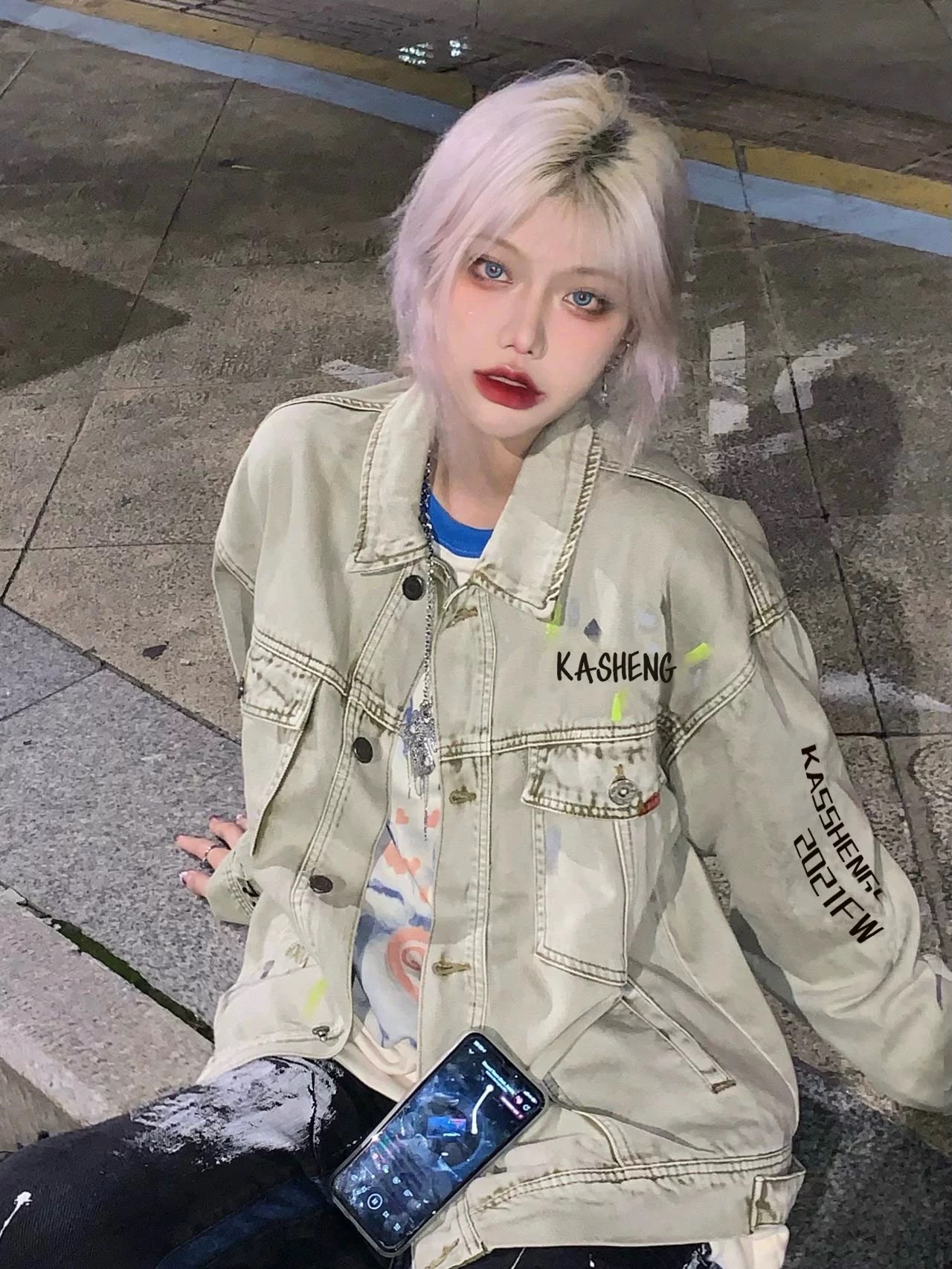 國潮潑墨卡其色拼接牛仔外套女春秋復古oversize寬鬆百搭夾克上衣