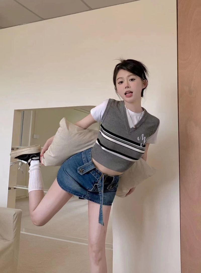 實拍~原創假兩件短袖冰感針織小上衣美式復古刺繡短款T恤
