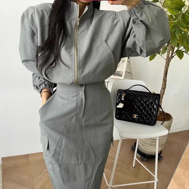 Korean chic design stand collar zipper short sun protection jacket + high waist drawstring skirt suit for women