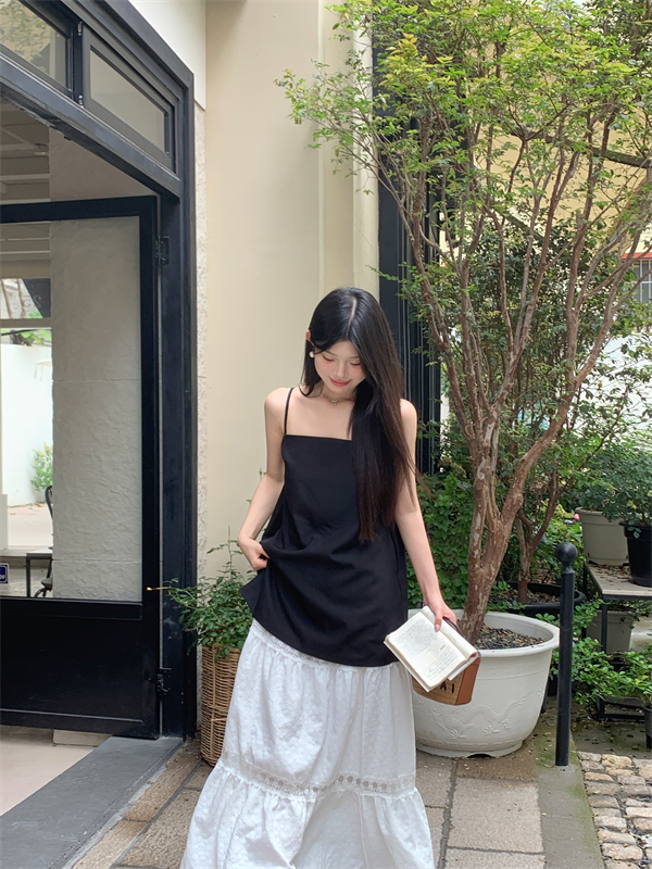實拍西裝面料辣妹風吊帶背心露背無袖上衣+白色度假肌理感半身裙