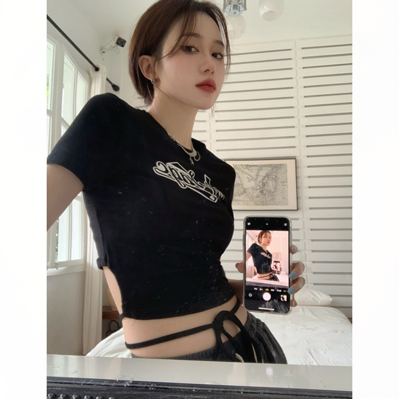 6535拉架棉 美式辣妹T恤女潮夏裝設計感修身綁帶上衣