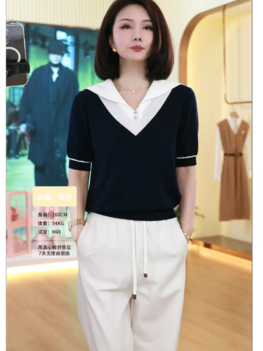 時尚氣質拼色v領寬鬆顯瘦針織衫女夏季新款高級感亞麻冰絲T恤上衣