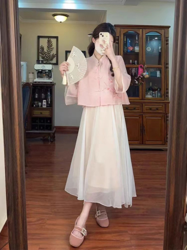 粉色国风新中式女装刺绣衬衫女2024夏季宽松新款上衣外套改良汉服