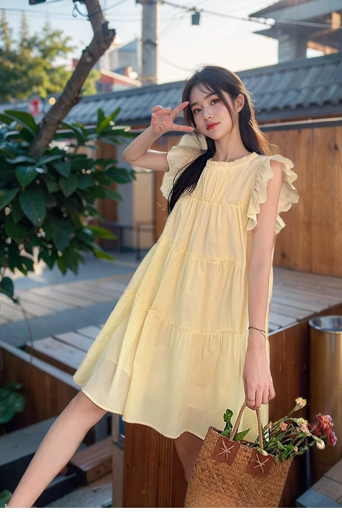 甜美溫柔飛飛袖連衣裙春夏2024新款小個子寬鬆顯瘦a字短裙荷葉邊