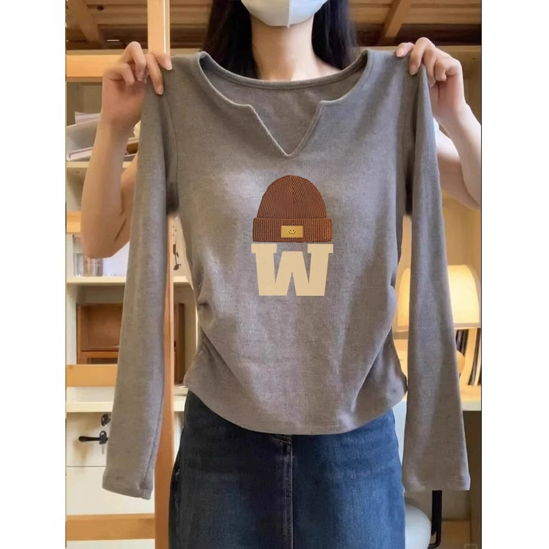2024春季純棉打底衫女內搭收腰時尚短款正肩德絨顯瘦長袖t恤上衣