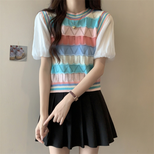 Real shot of Dopamine outfit striped splicing knitted short-sleeved women's fake two-piece T-shirt high-waisted short top trendy