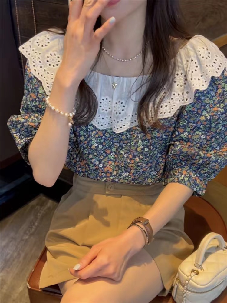 法式復古荷葉邊碎花襯衫女2024年夏季新款甜美設計感洋氣顯瘦上衣