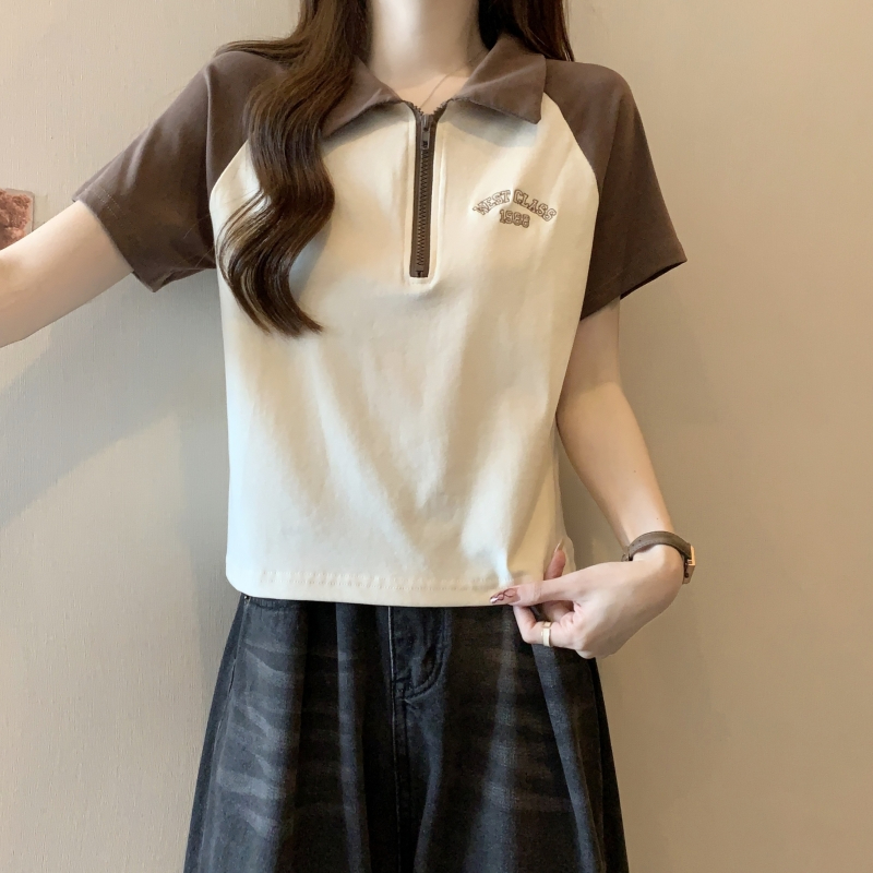 實拍 40支純棉 2024夏裝刺繡POLO領短袖T恤女撞色上衣