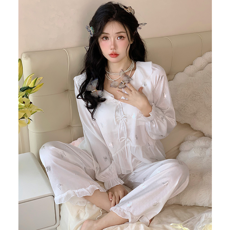 睡衣女春秋季2024新款冰絲長袖長褲精緻蝴蝶可外穿女士家居服套裝