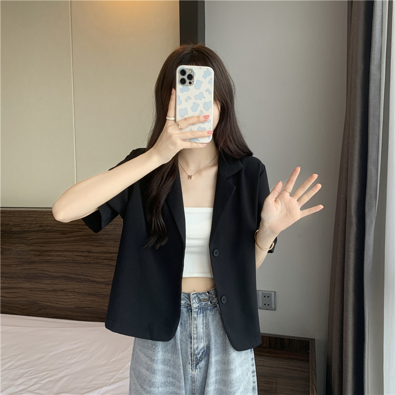 實拍 夏季新款韓版chic小眾設計感翻領氣質時尚短款小西服