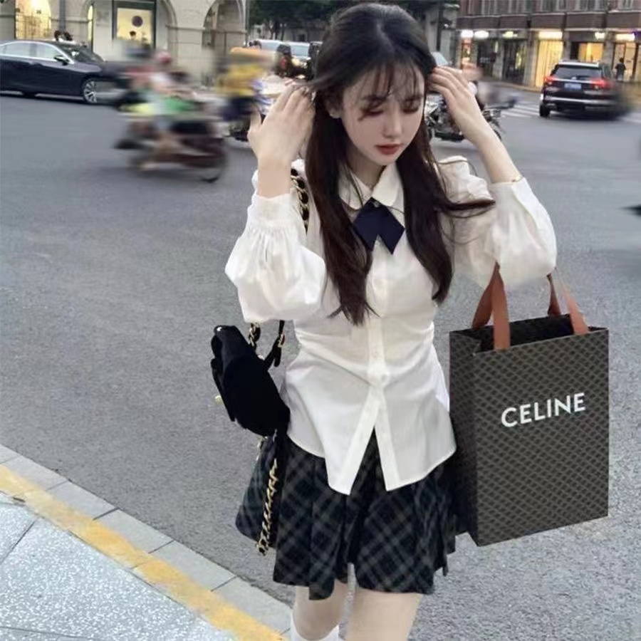 學院風JK襯衫女春秋新款收腰顯瘦長袖襯衣白色上衣