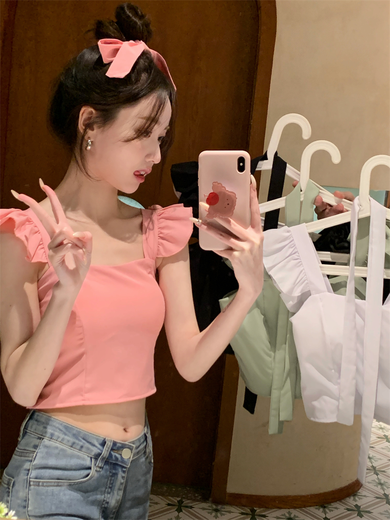 實拍~辣妹心機短款吊帶背心修身純欲風蝴蝶結系帶胸墊上衣潮