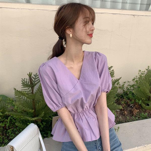 韓國chic元氣少女減齡V領收腰短款襯衫