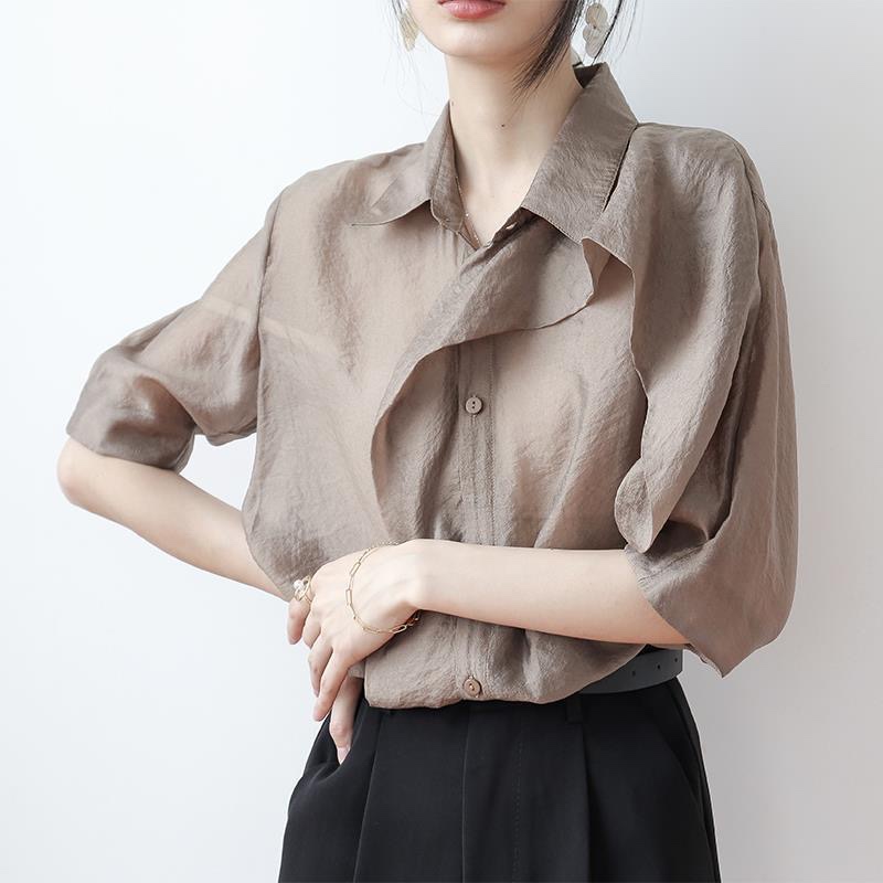 襯衫女夏季薄款寬鬆設計感小眾短袖雪紡襯衣2024新款氣質防曬上衣