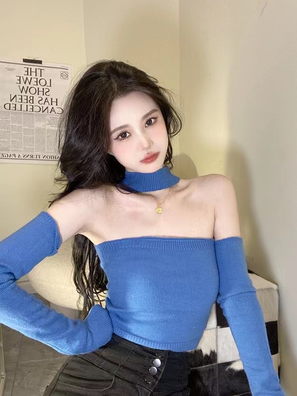 純欲風辣妹性感短款一字肩袖套掛脖上衣女別致秋季內搭針織打底衫