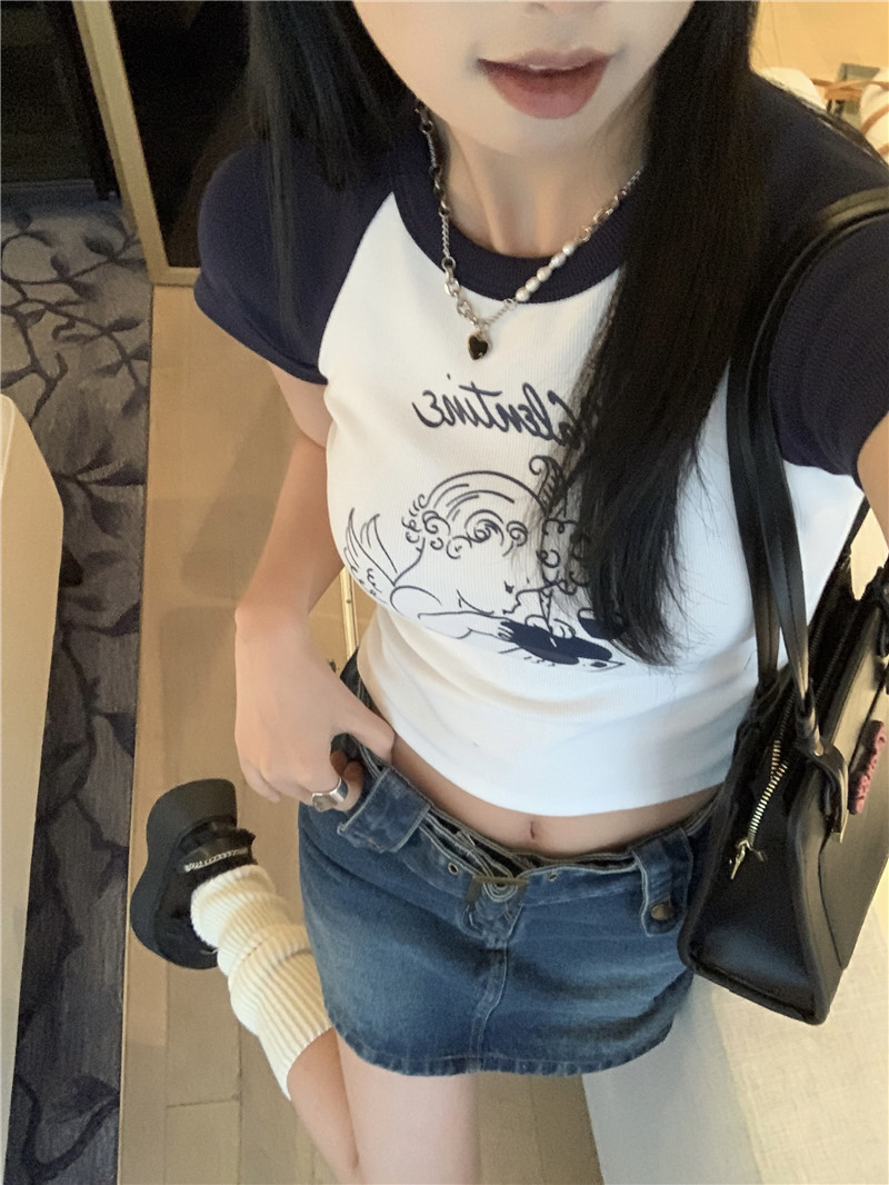 實拍撞色卡通辣妹純欲短袖T恤