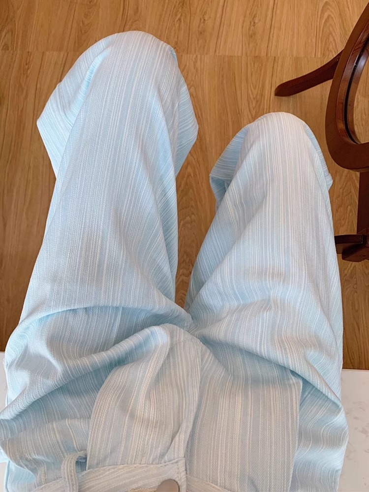 藍色條紋休閒褲女新款設計感高腰寬鬆顯瘦肌理感梨形身材闊腿褲子