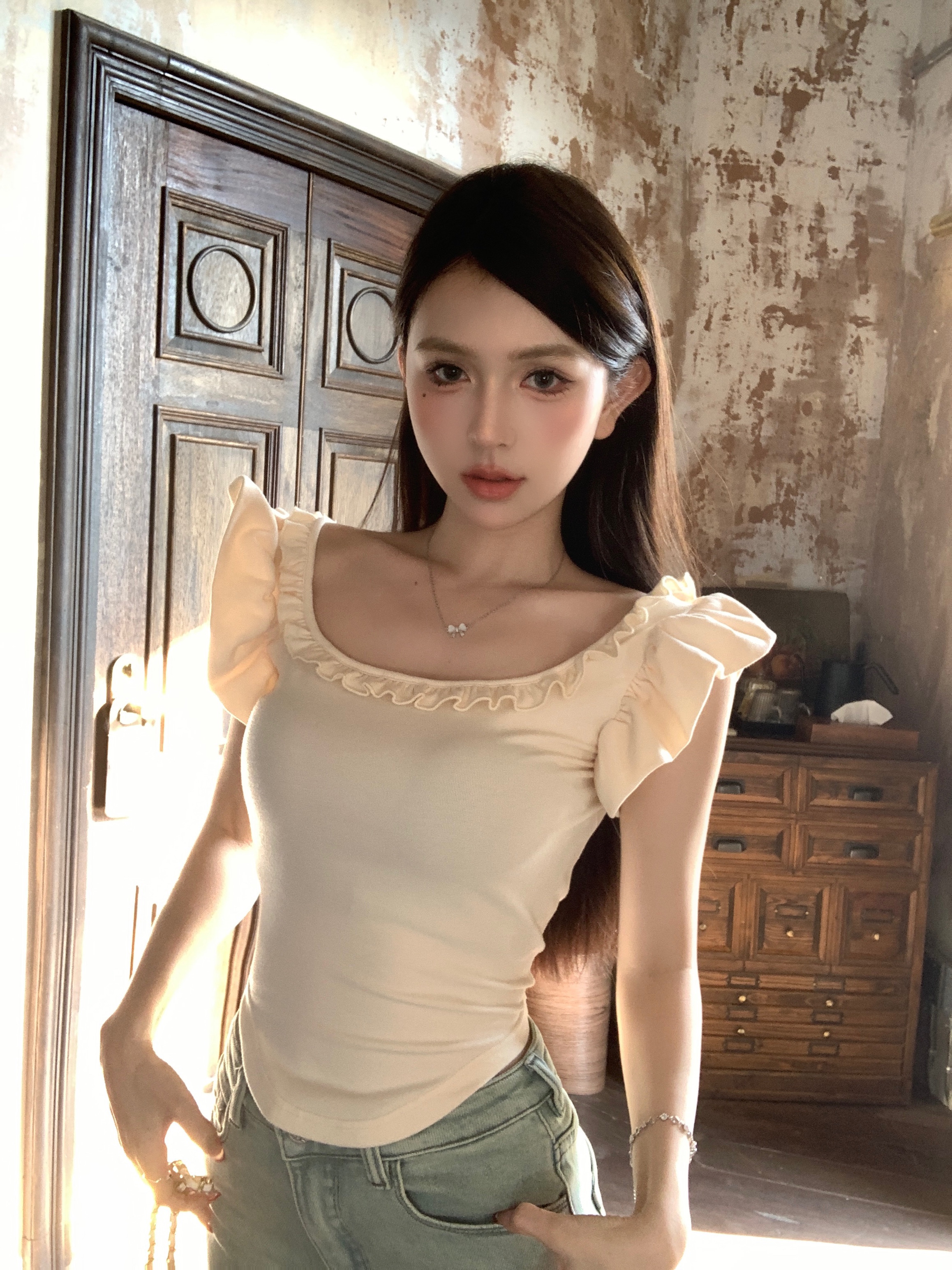 實拍 辣妹小飛袖吊帶上衣女夏季政府兩穿修身短T恤